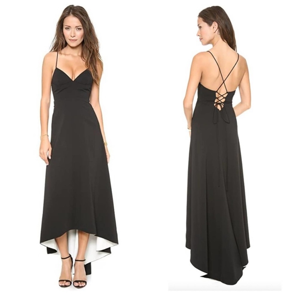Jill Stuart Black Lace Up Low Back V-Neck Hi-Low Hem Formal Dress